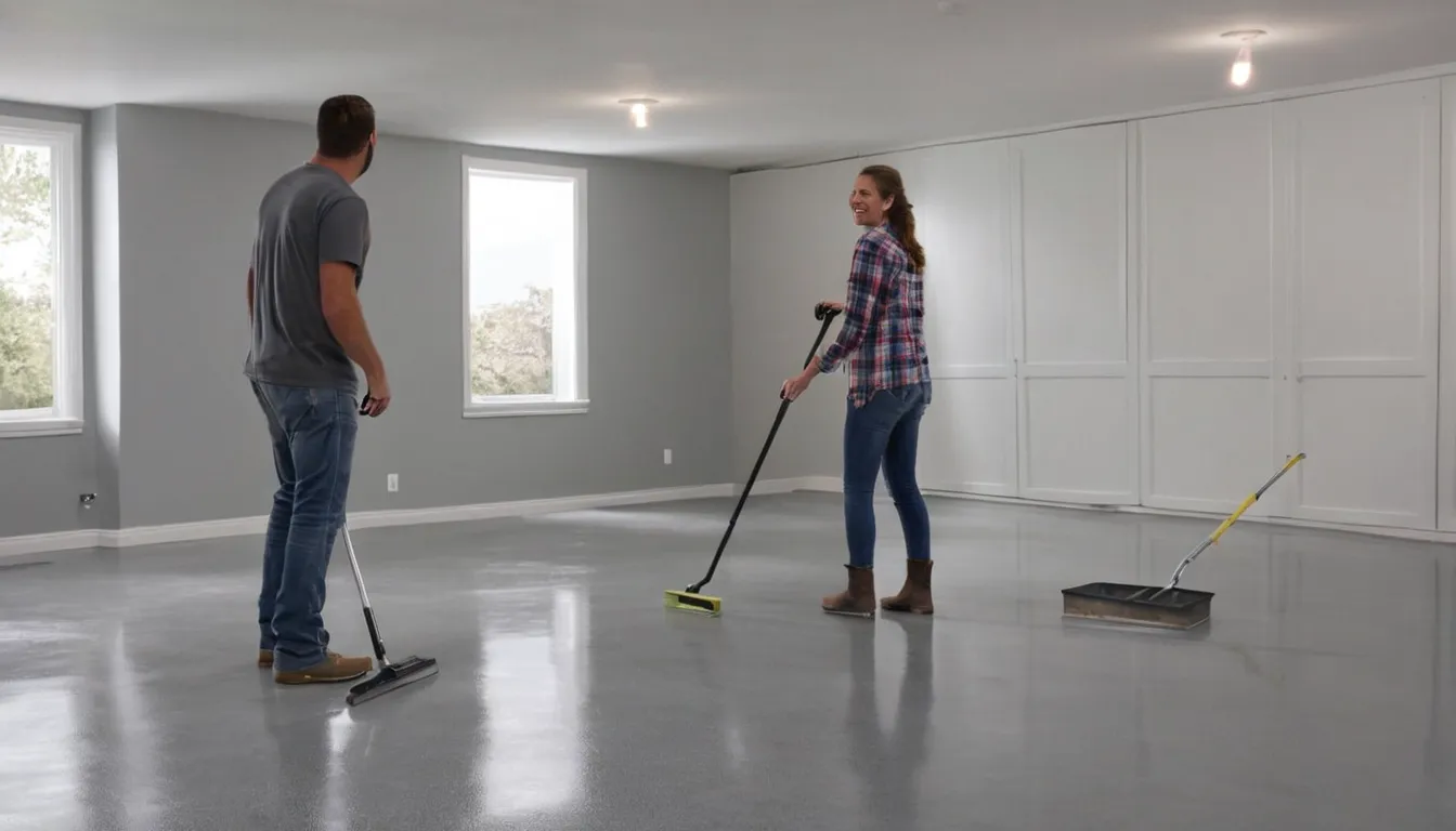 Homeowner and a local coating provider reviewing a freshly coated concrete floor in a bright Lavon home